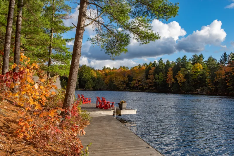 Muskoka lake dock with iconic red Muskoka chairs surrounded by fall foliage