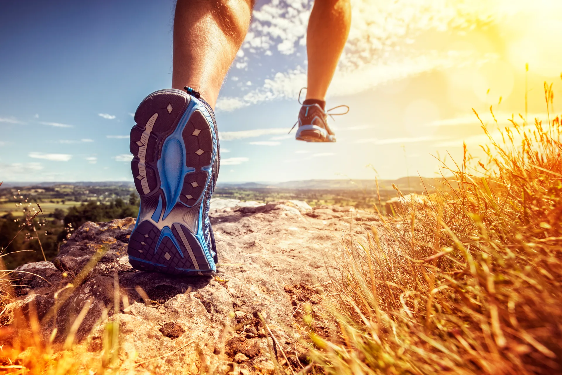 Trail runner’s shoes striking rocky ground above a summer valley