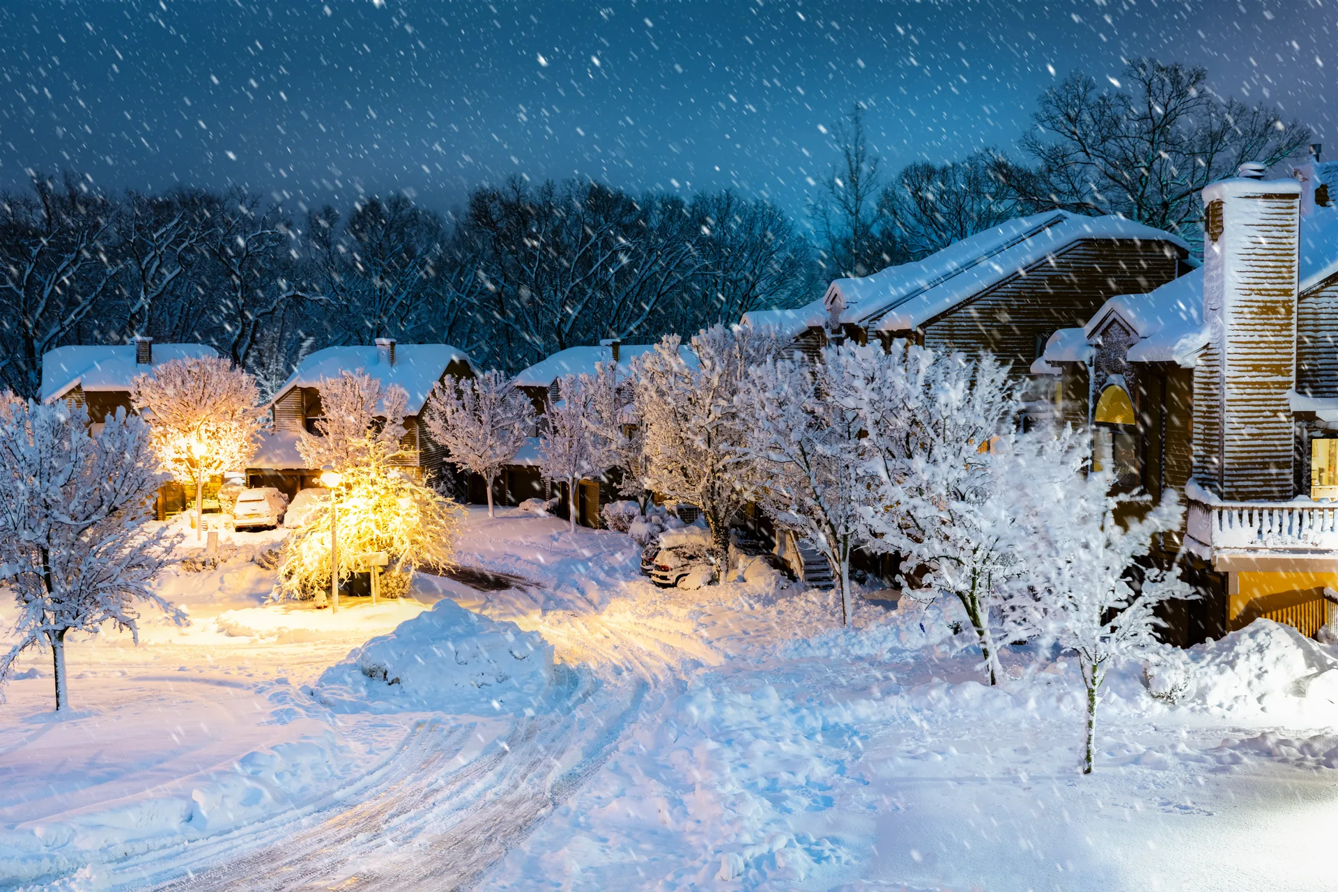 Snow falling at dusk on a lamplit street of snow-covered houses