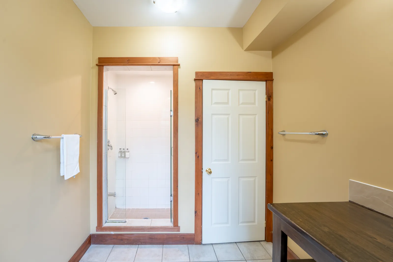 The Aurora gallery: walk-in shower with a glass door and towel rails