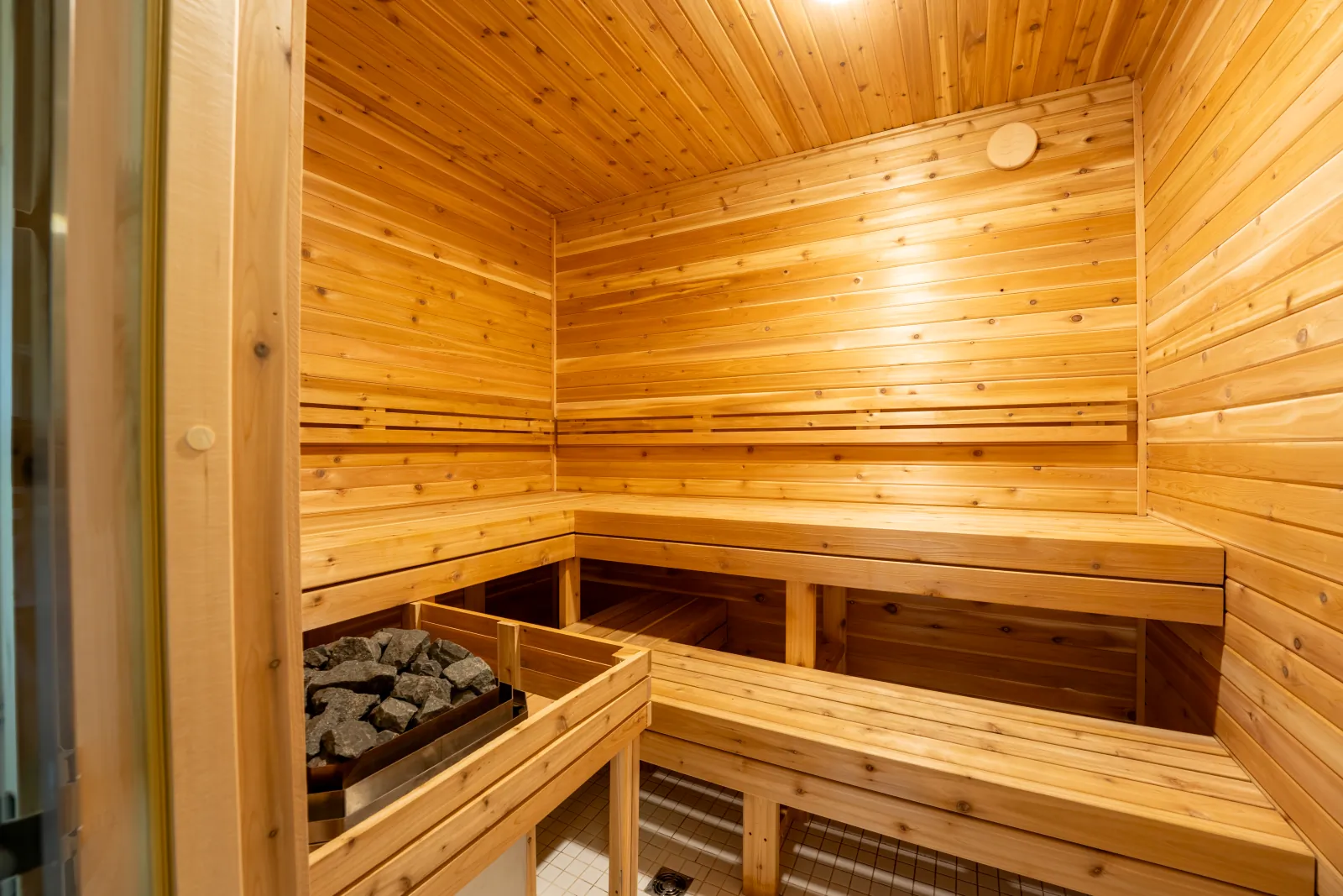 The Corona gallery: cedar sauna benches and heater