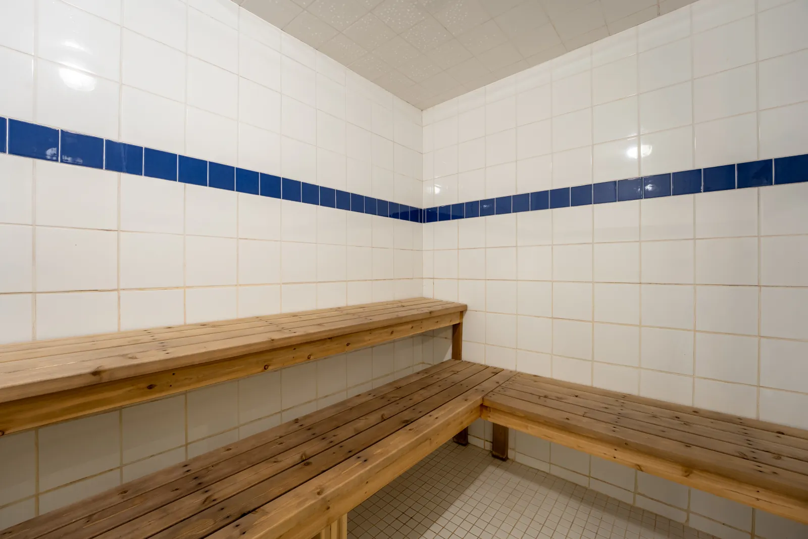 The Luna gallery: tiled steam room with wooden benches