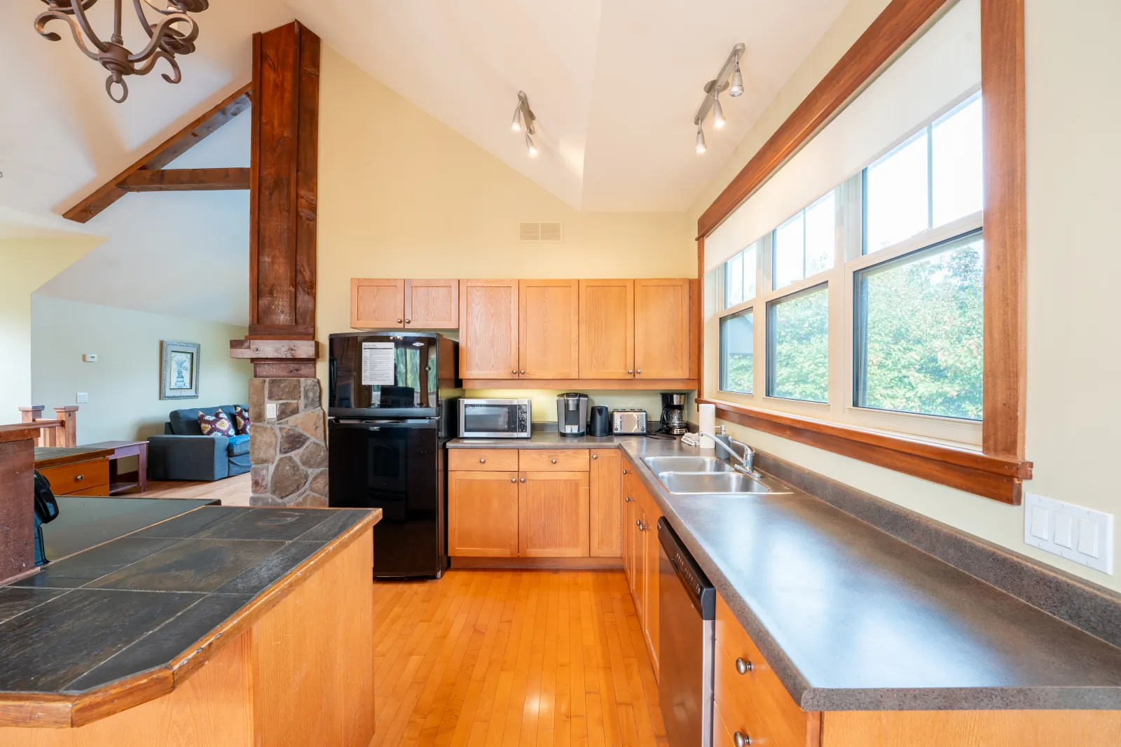 The Omega gallery: kitchen counters, sink and dishwasher beneath the windows