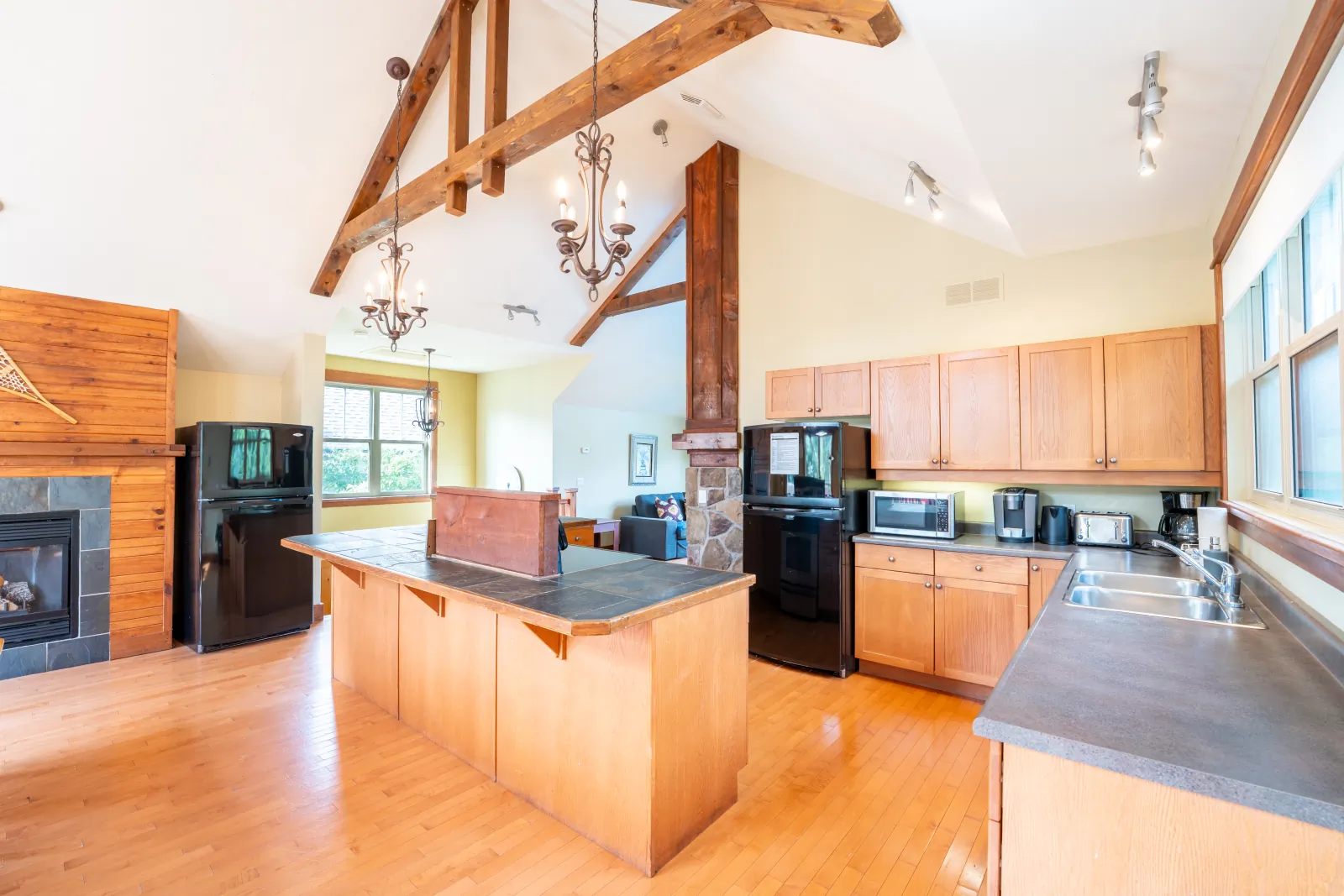 The Omega gallery: kitchen and island seen from the living area