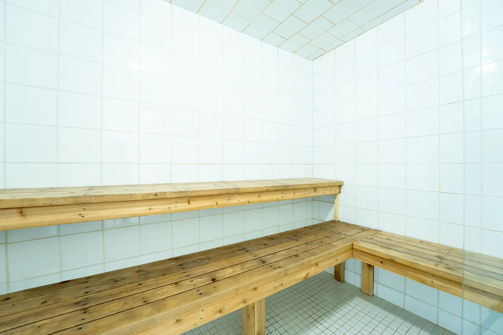 The Prima gallery: tiled steam room with wooden benches