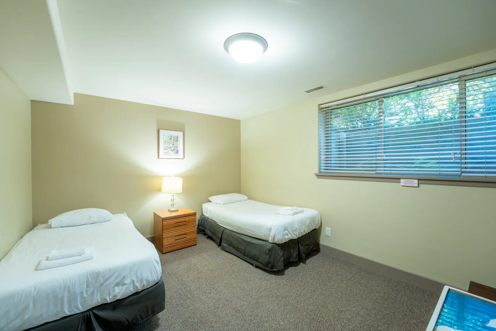 The Vista gallery: lower-level twin bedroom with a window and bedside lamp