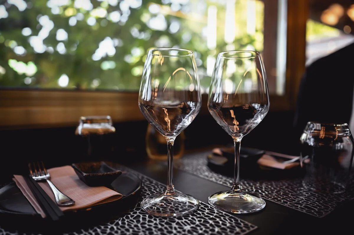 Wine glasses at upscale restaurant