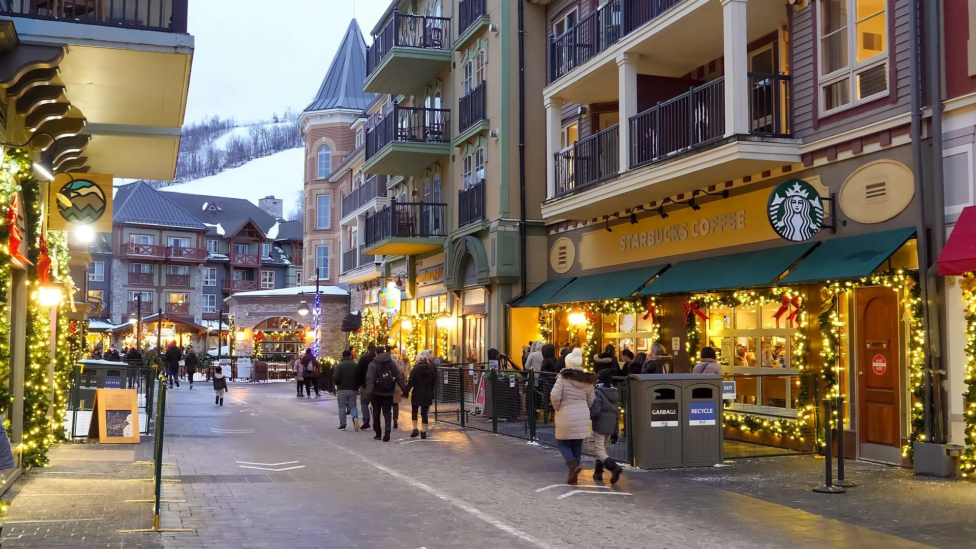 Blue Mountain Village winter evening with shops and restaurants